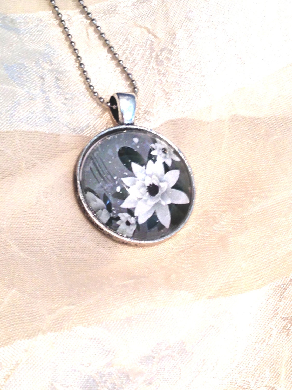 Lucky Lotus Necklace in Silver White Grey & Black Beautiful Artwork Preserved Under Glass