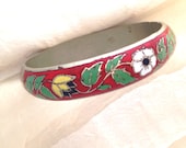 Vintage Enamel Bracelet Floral Bangle Safety Chain Mid Century 1950s Estate Jewelry Red Green Yellow White Blue