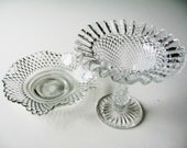 Candy Dish, Glass Compote, Set of Two, Diamond Point Dishes