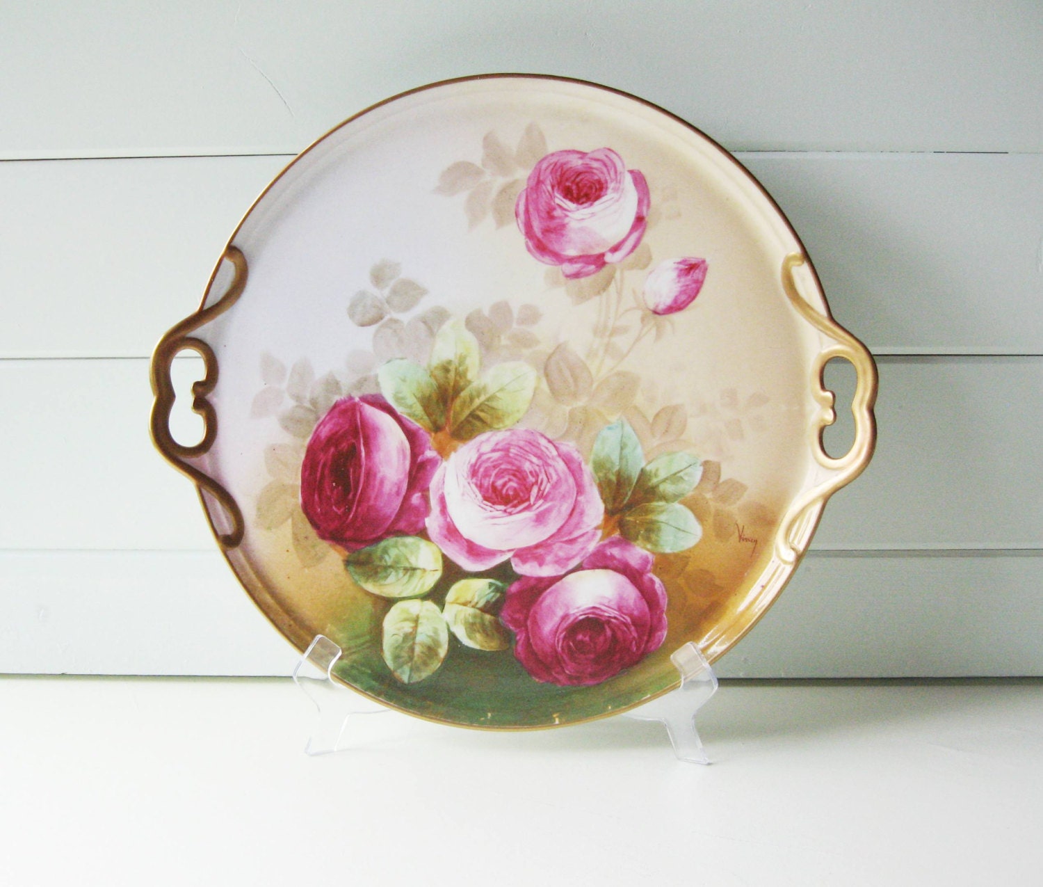 Limoges Roses Platter, Large, Signed Limoges Tray, Gold Gilting