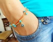 Evil eye bracelet with turquoise natural beads and orange bead chain ethnic daily use jewelry best friend birthday everyday mother gift