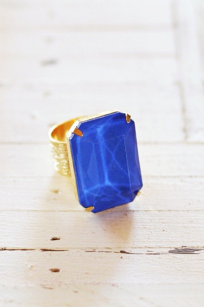 Cobalt Blue Rhinestone Cocktail Ring - Adjustable Gold Statement Ring