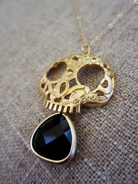 Skull Necklace, sugar skull necklace, Bezel framed onyx Drop necklace. Sugar skull necklace.