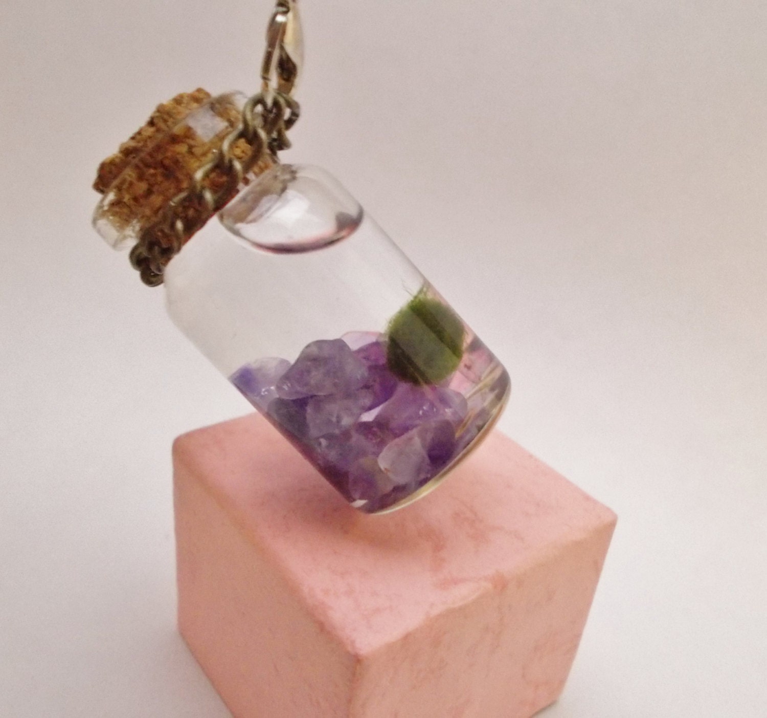 Marimo phone strap with Amethyst shards