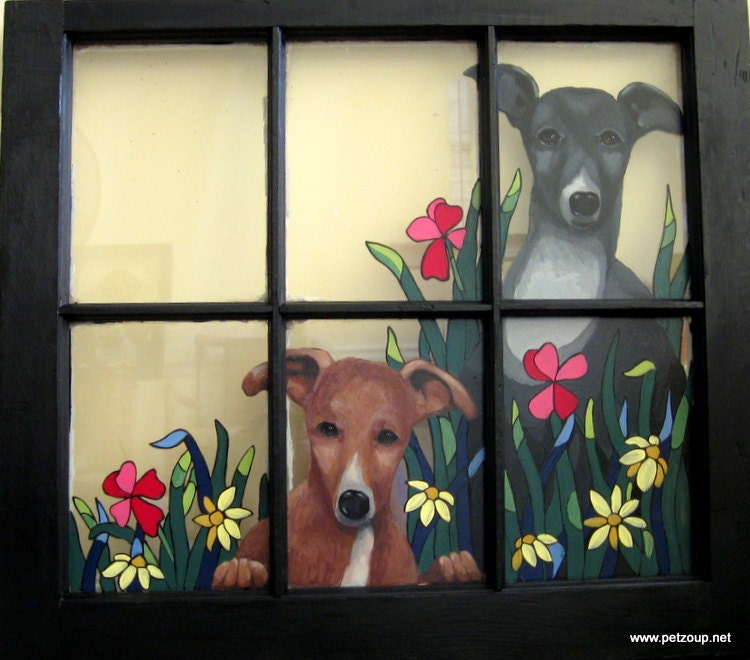 Pet Portrait Whippet Greyhound Window Hand Painted Dog Art