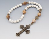 Christian Rosary Chaplet White Magnesite and Jasper Gemstone, Pocket Prayer Beads
