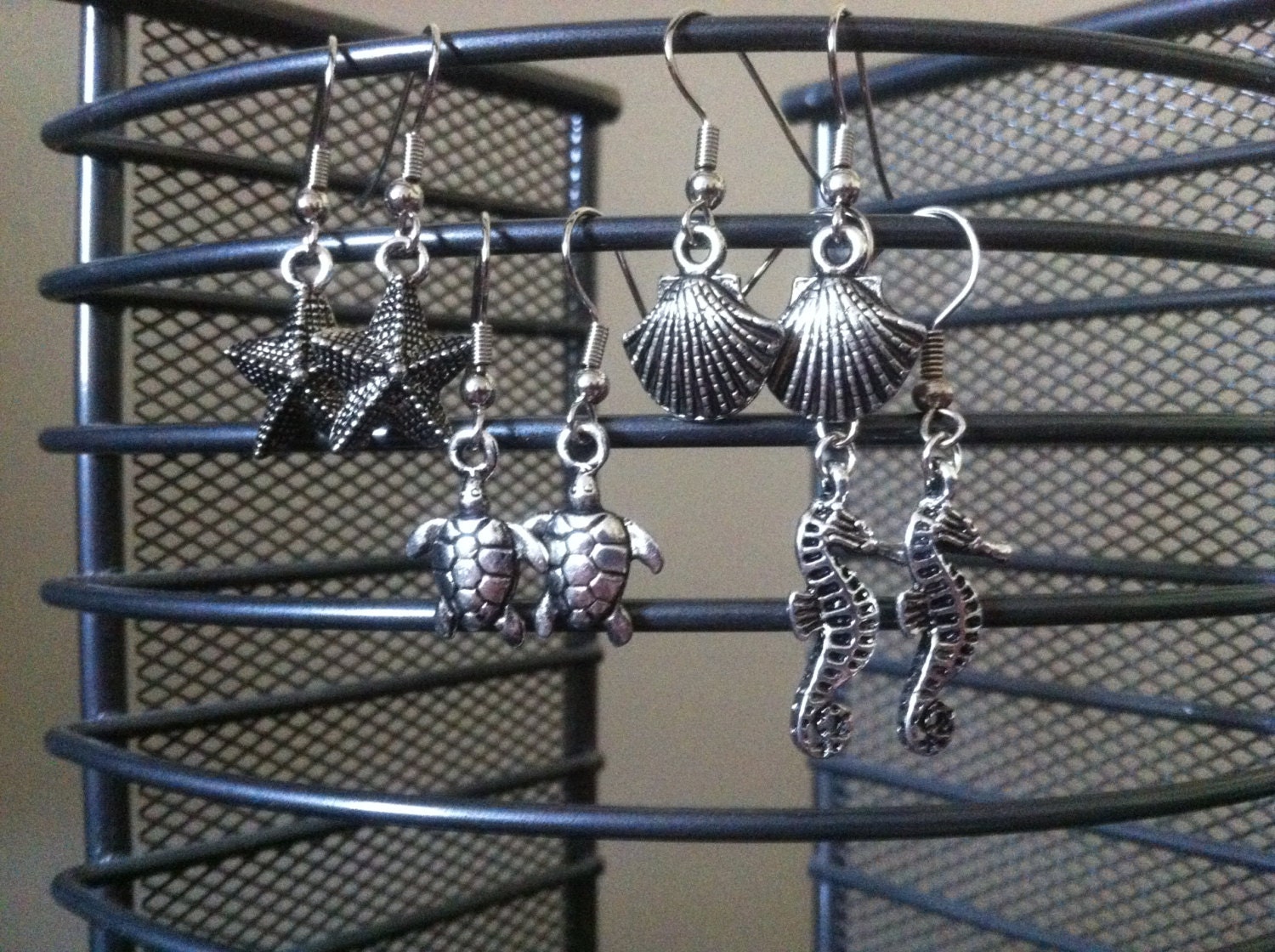 marine ocean beach silver metal charm earrings (starfish, sea turtle, sea shell, seahorse)