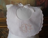 Baby Girl Solid Back fancy Scalloped Cotton Bib Pink and White with Embroider Monogram