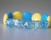 Stretchy Bracelet for Trendy Girls, Heart Shape, Blue and Yellow Flat Big Beads Beads, Cute Bracelet for Kids, Children's Jewelry by NadiaBo