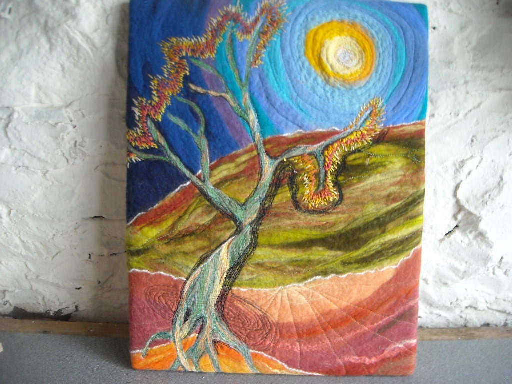 felted wall art, felt picture, abstract tree with embroidery