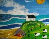 Felt picture, wet felted, original landscape, naive Welsh art