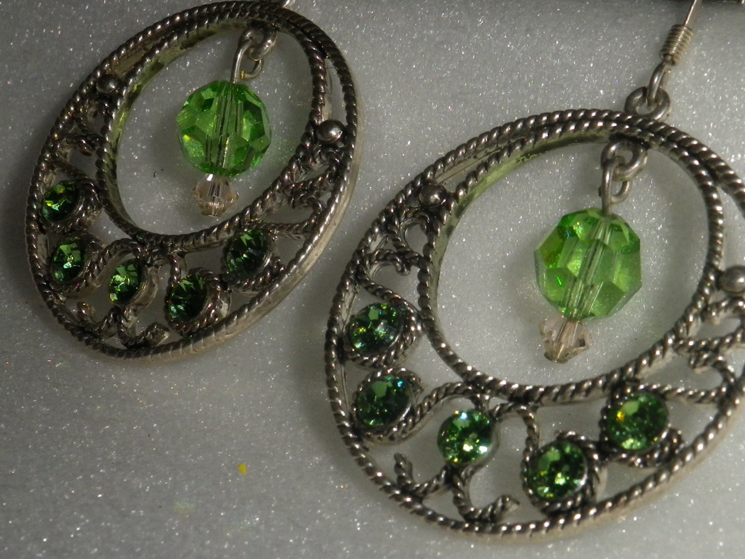 Beautiful Silver Dangle Earrings with Green Glass Crystals