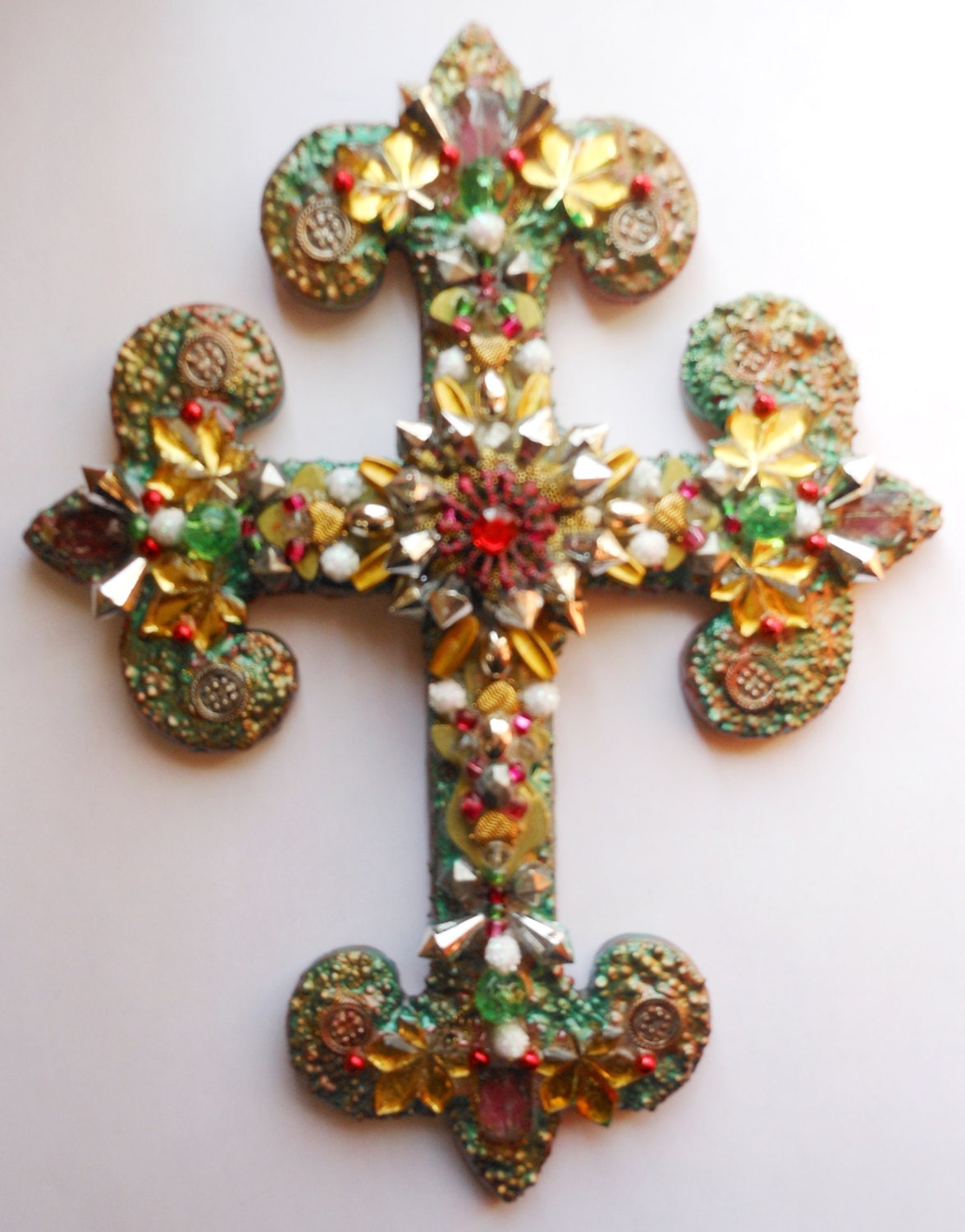 OOAK beaded embellished found object upcycled recycled hand painted wood wall cross