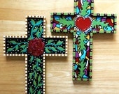OOAK folk art hand painted red rose heart framed wall cross left one no longer available