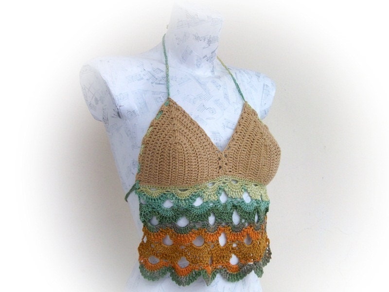 Crochet tank top open back- summer-Crochet Hippie Fringe Halter Top on Size XS