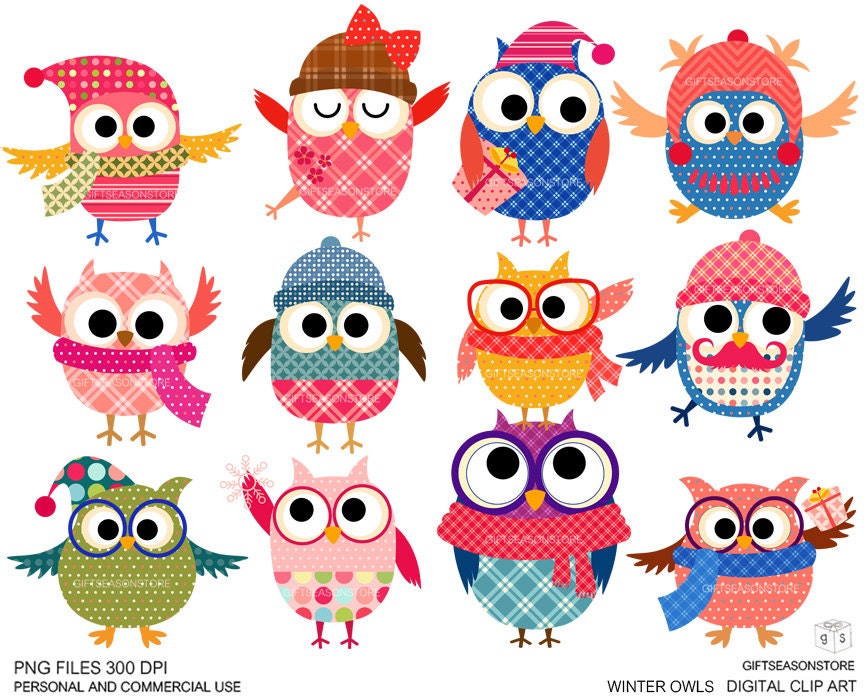 Winter owls Digital clip art for Personal and Commercial use - INSTANT DOWNLOAD