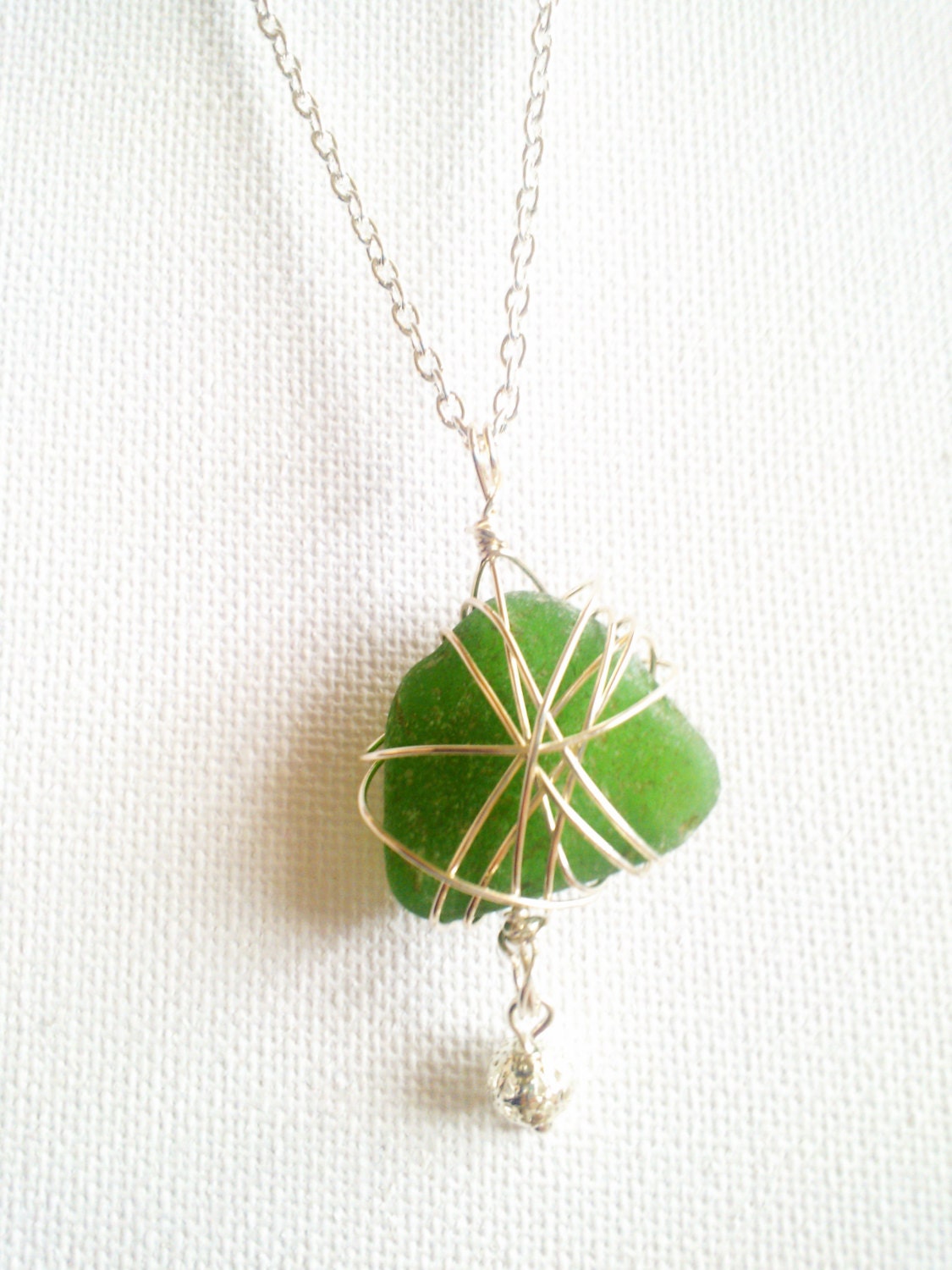 Scottish beach glass necklace wire wrapped green piece of glass