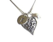 Initial Necklace, Monogram Jewelry, Personalized Heart Pendant, Pearl Necklace