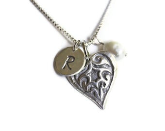 Initial Necklace, Monogram Jewelry, Personalized Heart Pendant, Pearl Necklace