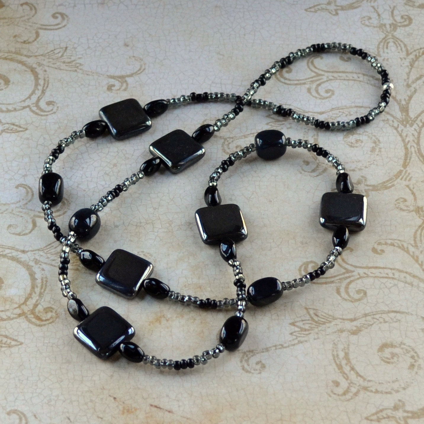 Black Gray Long Beaded Necklace Agate Natural Stone Modern Czech Square Glass Beads Hematite Fashion Jewelry Jewellery Free Shipping