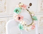 Mint and apricot Flower Crown, paper anemone and old rose hydrangea Halo, peach Blush, mint crown