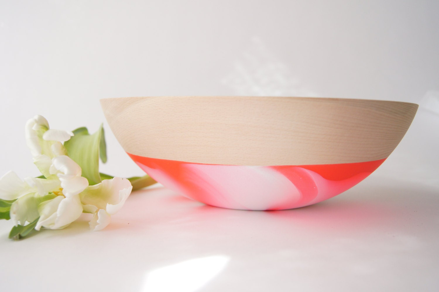 Wooden Salad Bowl, 7" Neon Pink Orange and White Swirl, Modern Decor, Spring Kitchen