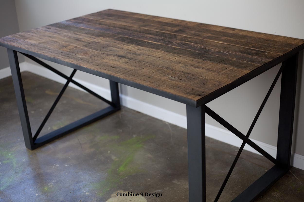 Dining Table/Desk made of vintage reclaimed wood & Steel. Industrial/urban/modern design. Mid century modern/rustic/distressed.