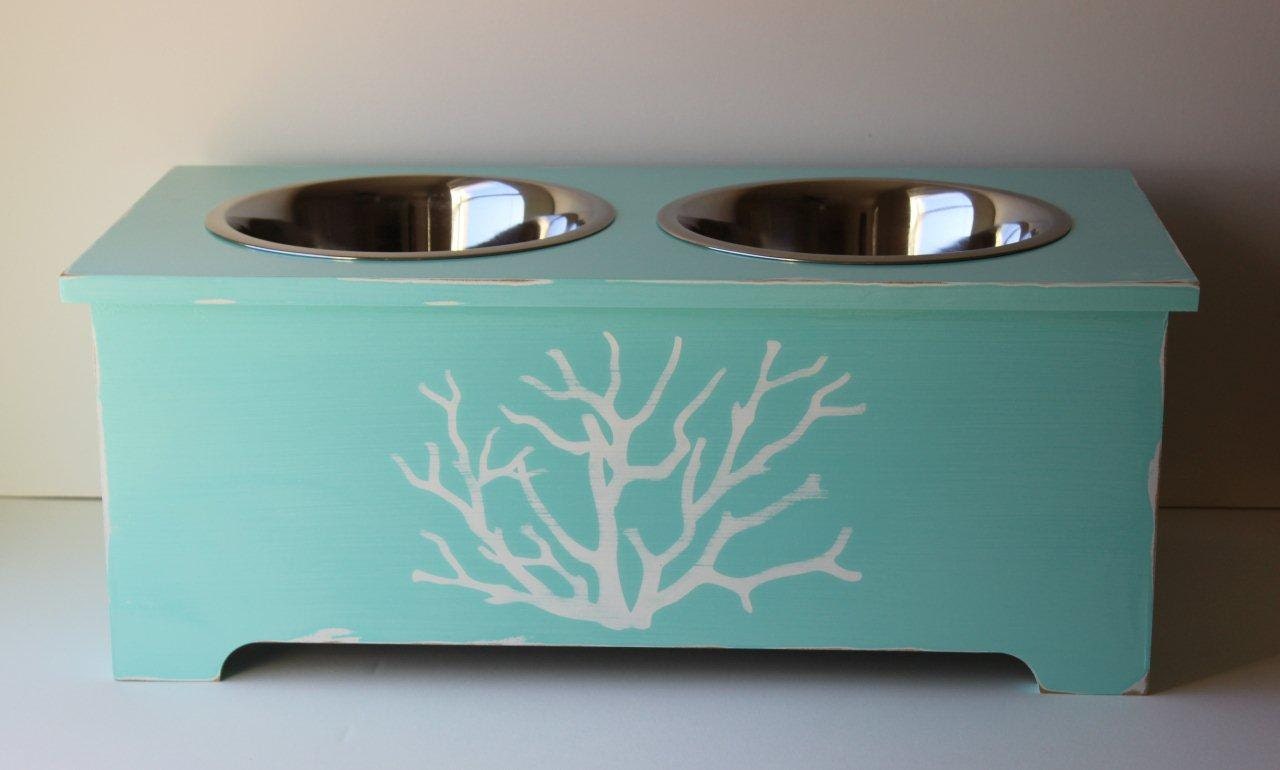 elevated dog feeder, 10 inches tall, 3 quart stainless steel bowls, coastal decor, beach decor, hand painted and sealed