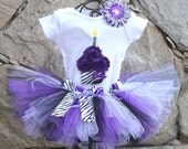 SASSY PURPLE ZEBRA -Birthday Girl Tutu Skirt and Cupcake Onesie Set with Free Flower Clip, Newborn,1st, 2nd, 3rd, 4th, 5th Birthday