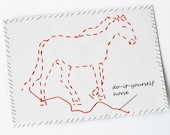 Red embroidered horse illustration, postcard printed on recycled paper