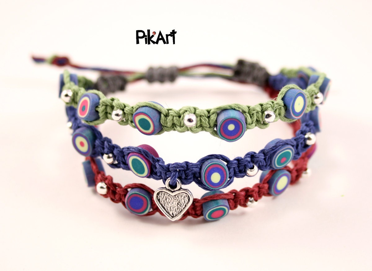 Triple row macrame bracelet with retro polymer clay beads - Hemp cord green, blue, red