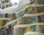Contemporary Batik Throw Lap Quilt  - Soft Beach Colors - Blue Green Peach Lime - Reversible
