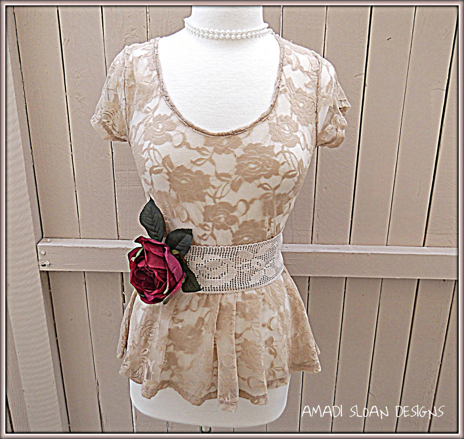 Women's Romantic Creamy Beige Cottage Chic Shirt with Vintage Lace Rose Sash Junior's Top