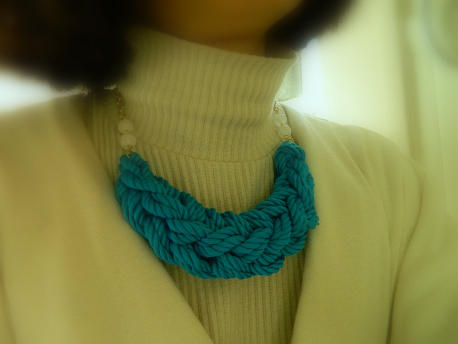 Turquoise blue Crescent Knot Necklace with cracked quarts, Rope Necklace, Nautical Necklace, chunky Knot necklace,bib necklace
