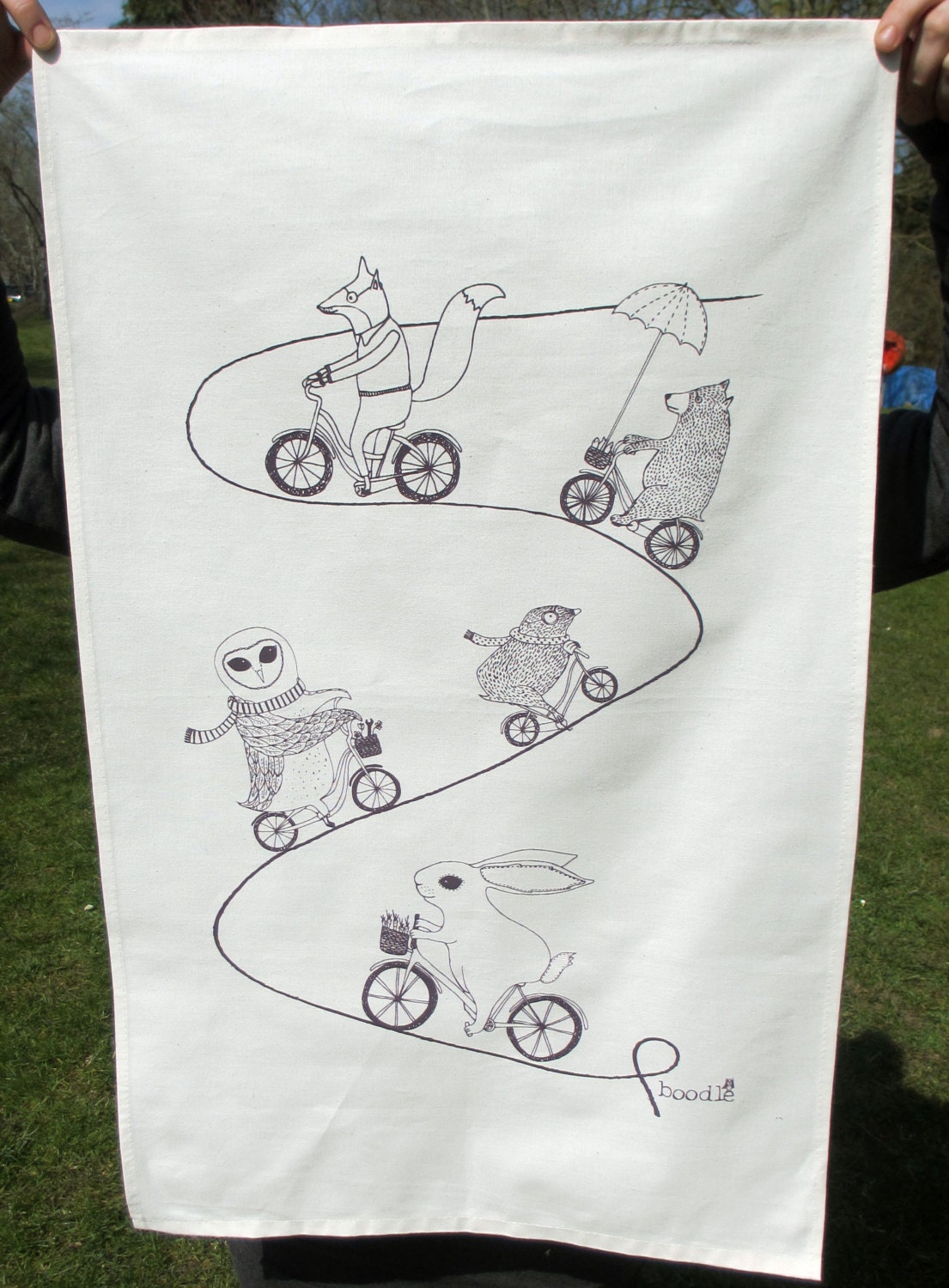 Animals on a cycling adventure Tea Towel