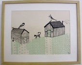 Art Print 'Bird Houses' A3 Screen printed with eco-friendly inks onto 100% recycled straw paper