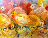 Original watercolor colorful hens in straw. .Pink, yellow, blue. Whimsical Bird painting. Cheerful.