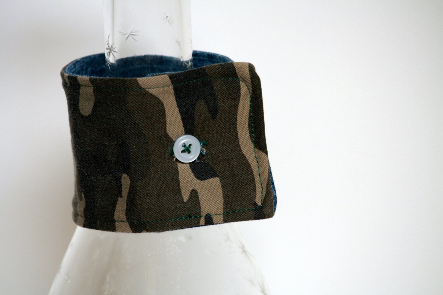 Camo and Denim Wrist Cuff - Unisex  - Bracelet- Upcycle - Free Shipping
