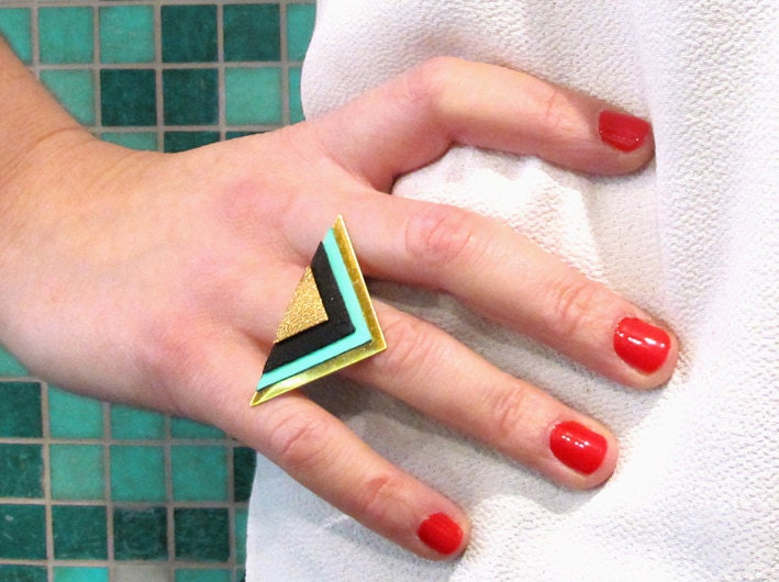 Arena ring, leather, fine gold 24 K, triangles, black and mint