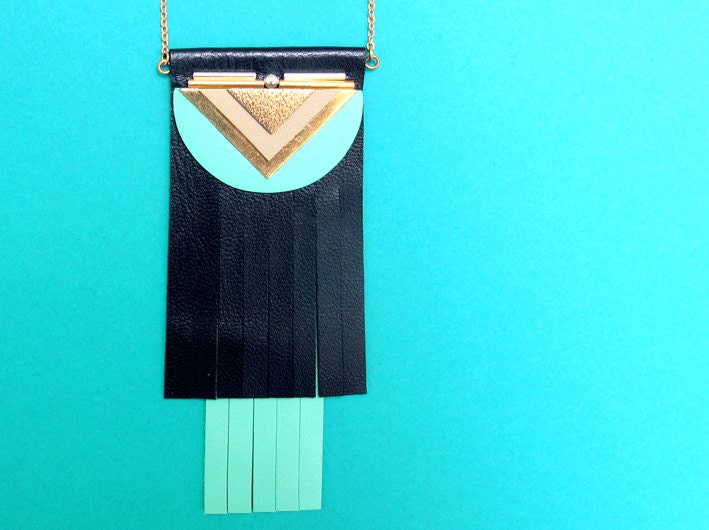 Hawara long necklace, black and mint fringed leather