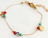 Bracelet with turquoise beads red czech crystals evil eye dragonfly sultan's signature coin charm bracelet istanbul ethnic arabic