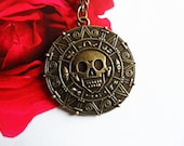 Pirate Necklace- Antique Bronze BIG Cursed Doubloon Aztec Coin Pirate of Caribbean Ghost Skull Steampunk Necklace, shabby Goth Rock punk EMO