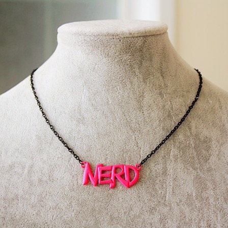 Nerd Necklace- Neon Rosy Pink Letter NERD Nerdy Pendant Black Chain Fluorescent Metal Necklace, girly lolita chic modern, gift for her