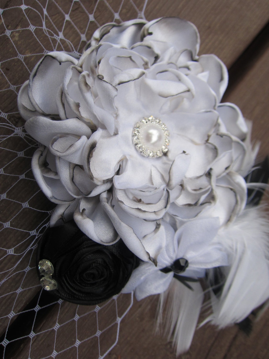 White and Black Satin, and Organza Fabric Flower Bridal Hair Fascinator with Pearl,, Bridal Hair Accessory, Headband, Hair Clip, Flower Girl