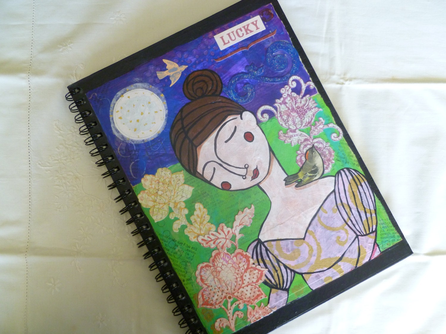 Sturdy larger 9 x 12 inch 23 x 31 cm sketchbook/journal/art journal with original mixed media collage on front cover blank pages