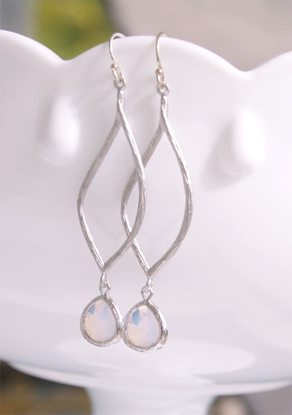 Silver and Opal Earring - Marquise Earring with Moonstone Drops - Sterling Silver Earwires - October Birthstone