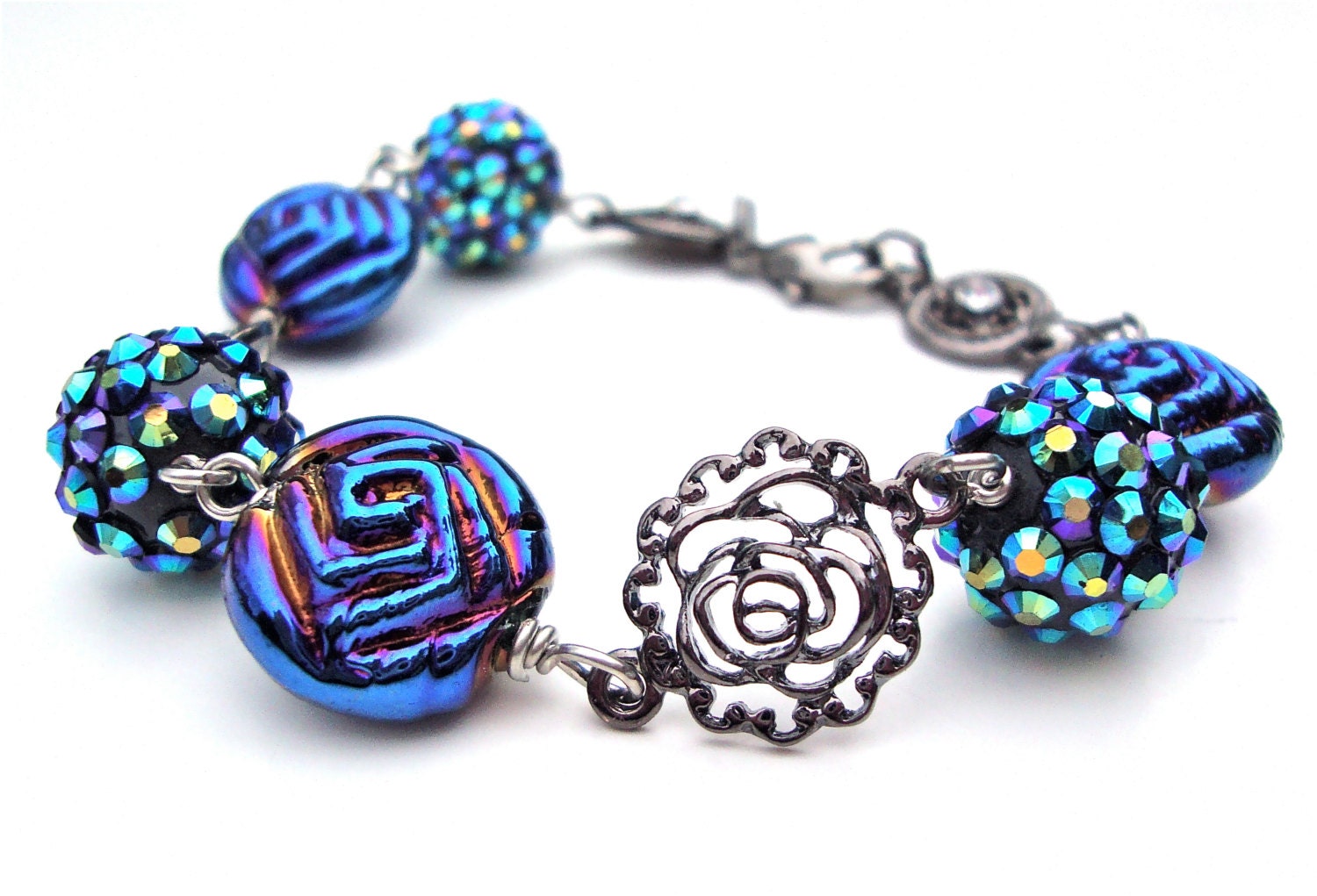 Glamourous rose bracelet - iridescent blue bracelet - victorian rose bracelet - gunmetal bacelet - beaded bracelet by Sparkle City Jewelry
