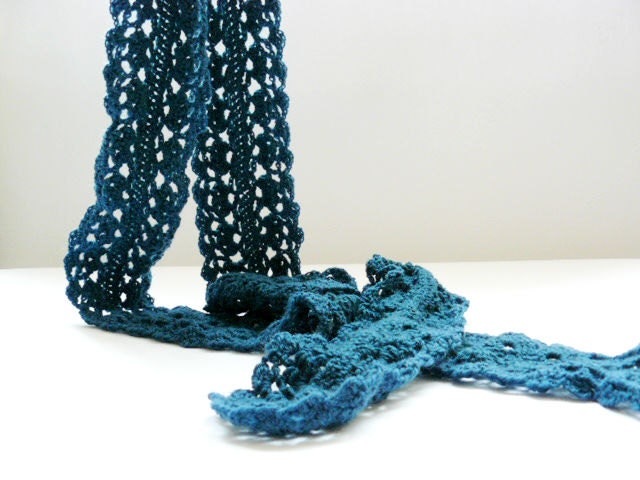 Woman's crochet scarf, blue teal long neckwarmer, lace infinity scarf, merino scarflette