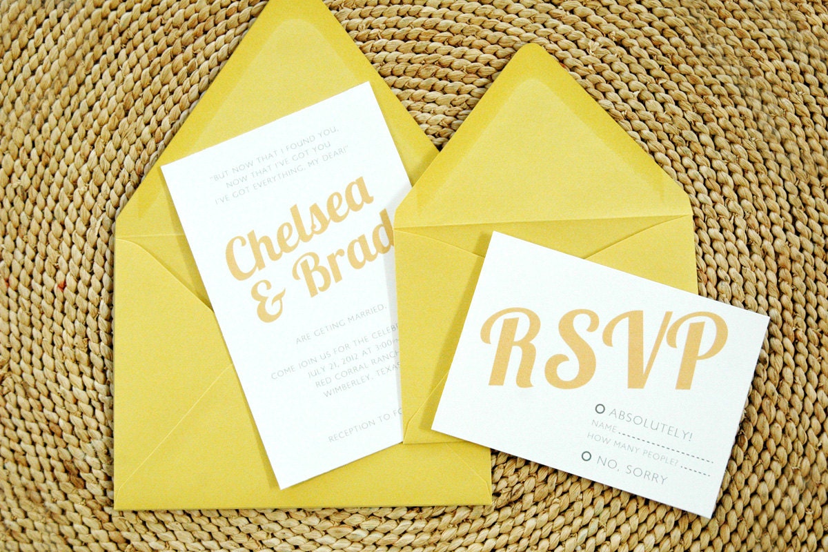 Chelsea Printable Wedding Invitation Set with Vintage Font in White and Marigold Yellow - Customize & Pick Your Colors