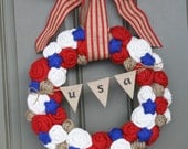 Patriotic Jute Yarn Wreath/USA Banner/Burlap Flowers/Roses/Yarn Stars/Striped Burlap Ribbon/Spring/Summer